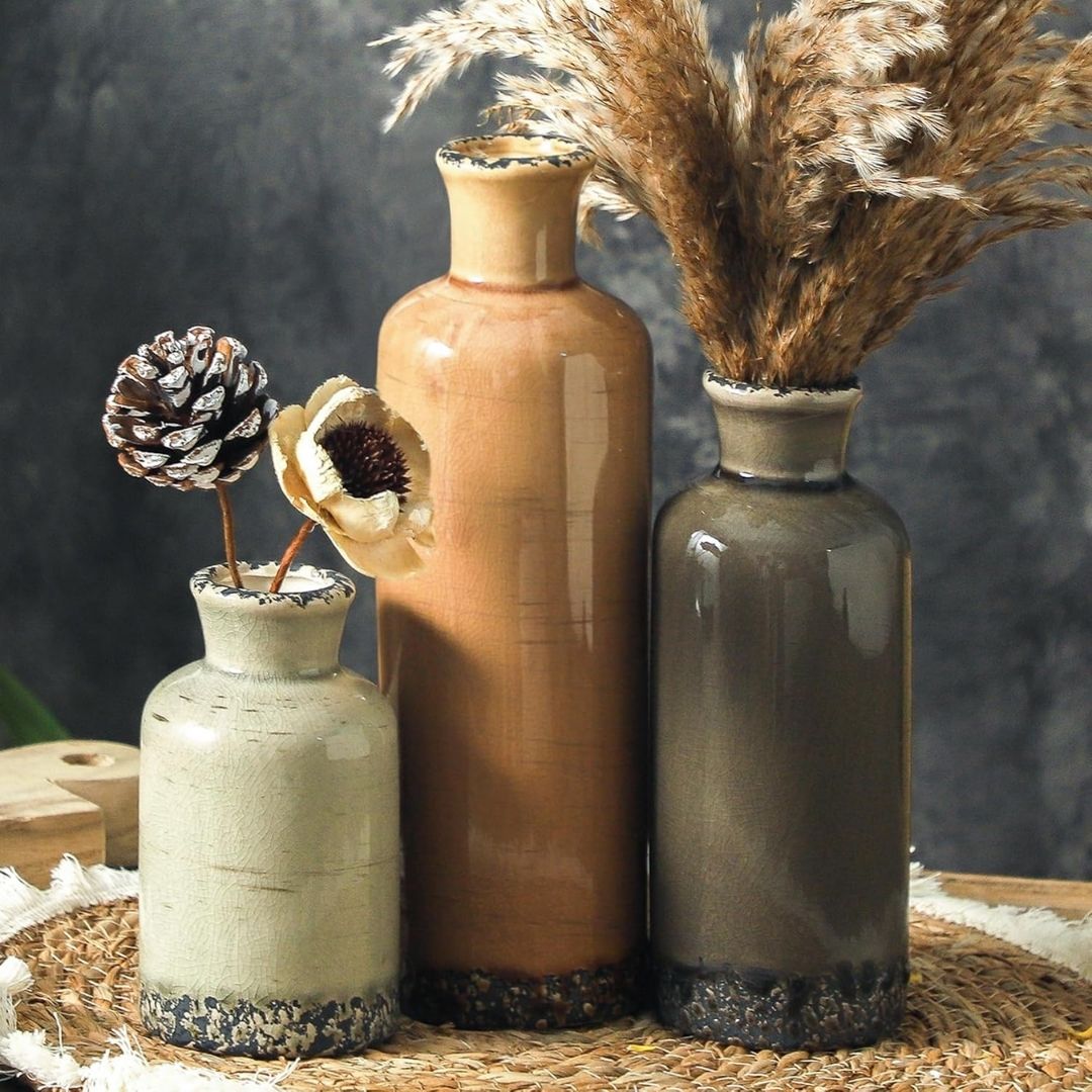Malia – Keramik-Vasen-Set im rustikalen Vintage-Design mit Krakelee-Glasur