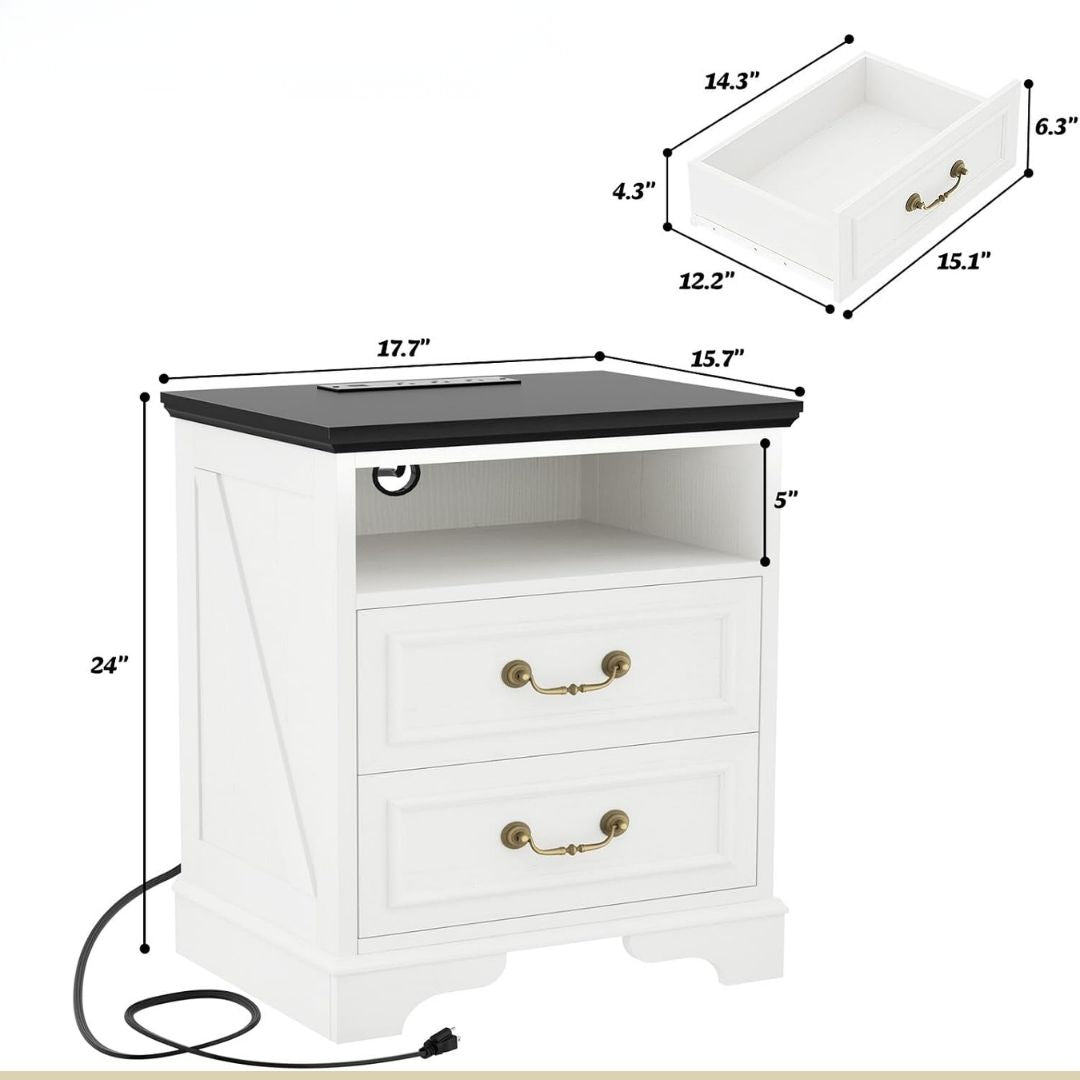 Lennard – Eleganter Nachttisch im Landhausstil mit Ladefunktion & zweifarbiger Optik