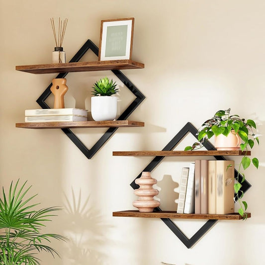 Miran – 2-teiliges Schweberegal-Set im rautenförmigen Industrial-Design aus Holz und Metall