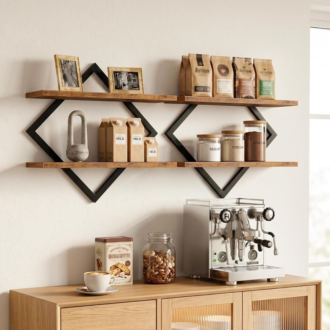 Miran – 2-teiliges Schweberegal-Set im rautenförmigen Industrial-Design aus Holz und Metall