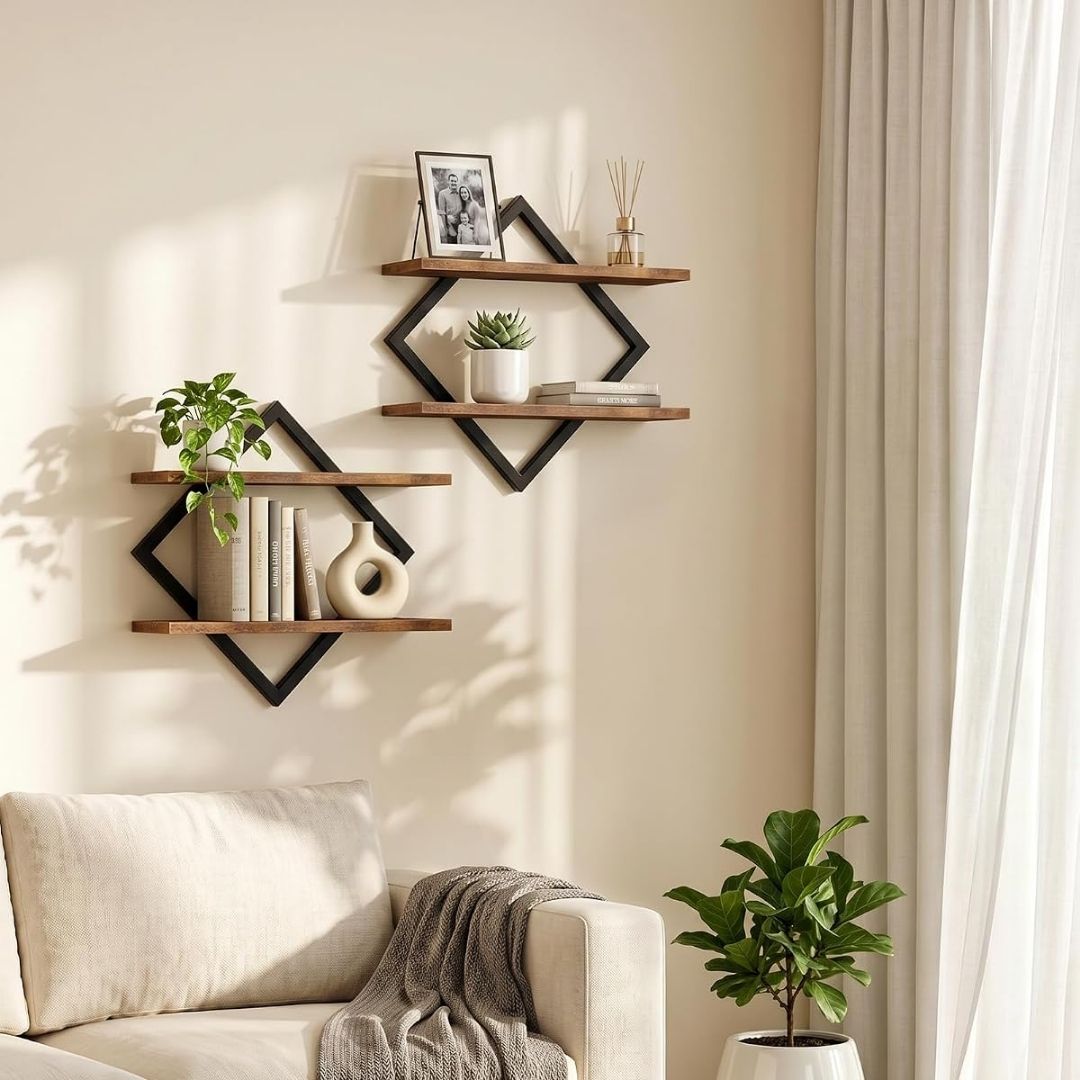 Miran – 2-teiliges Schweberegal-Set im rautenförmigen Industrial-Design aus Holz und Metall
