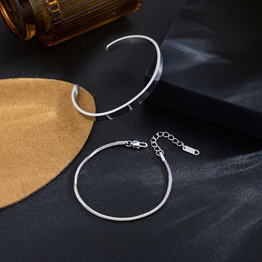 Jonas – 2-teiliges Armband-Set aus Silber mit schlichtem Armreif und feiner Schlangenkette