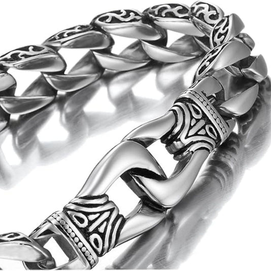Ragnar – Massives Herren-Panzerarmband aus Edelstahl mit gravierten Vintage-Ornamenten