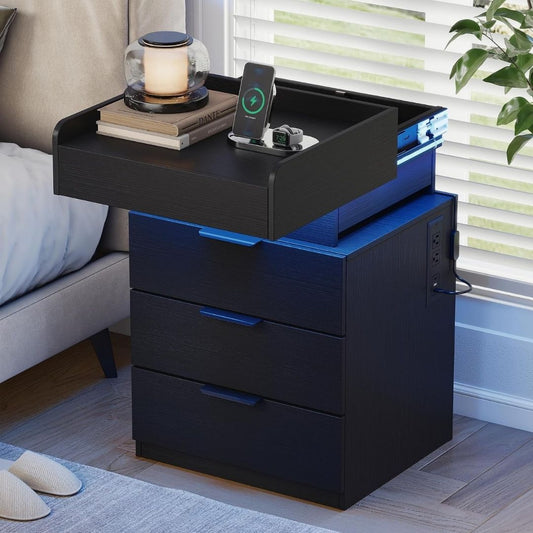 Kianu – Moderner Smart-Nachttisch mit LED-Beleuchtung, Induktionsladestation & Schiebe-Tischplatte